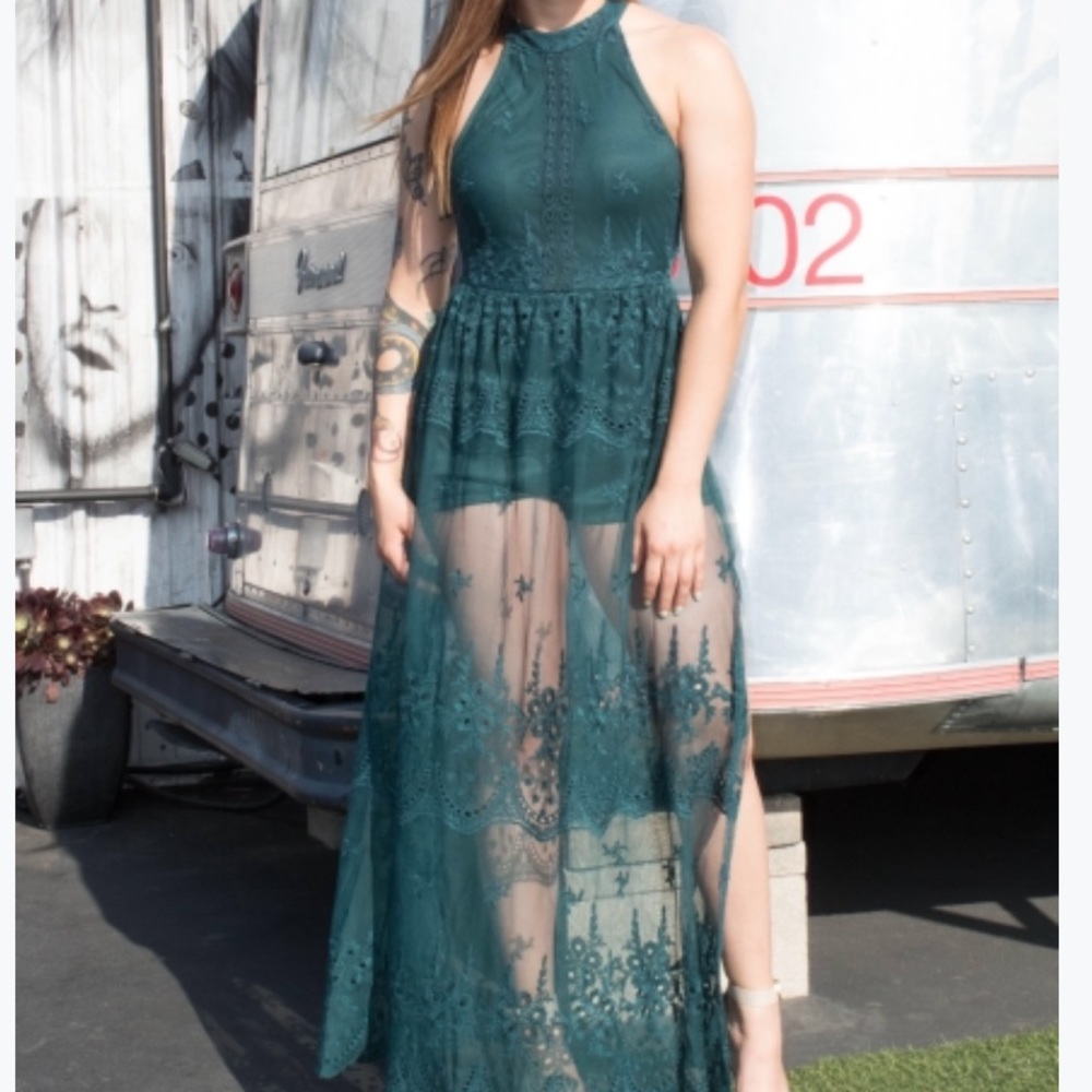 Lace Maxi Dress-Dark Green - Picture 2 of 6